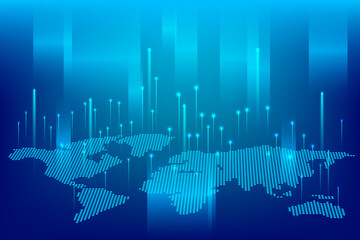 Bright world map formed by glowing points and vertical lines. Digital era of global networking, data flow, economy, Internet. Concept of business, innovations, advanced technologies, digital art