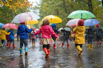 Kids joyfully dancing in the rain with colorful umbrellas in a vibrant park setting