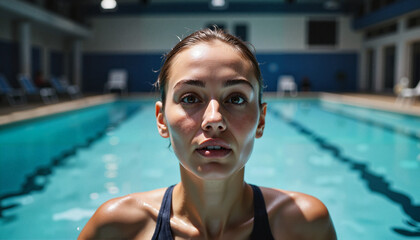 Determined female swimmer focused in indoor aquatic center, perseverance
