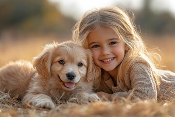 Playing with a fluffy puppy in a sunny spring meadow with vibrant colors