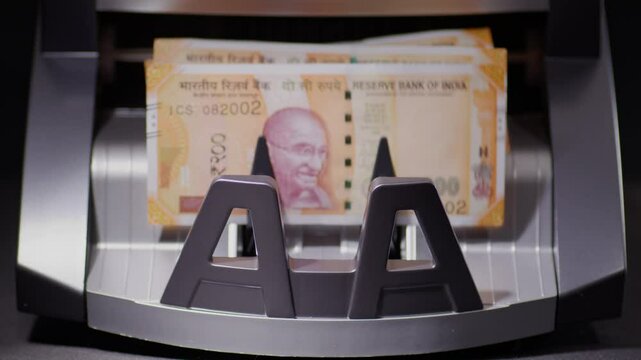 Close frontal shot of Indian two hundred rupee notes coming out of the counting machine.