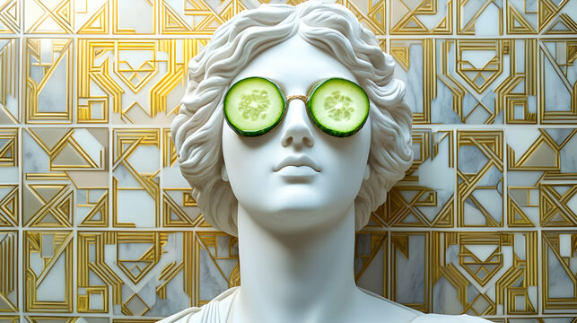 Classical Marble Statue Wearing Cucumber Slices As Glasses Against A Luxurious Geometric Background. Generative AI - Powered by Adobe
