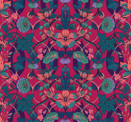 Seamless vintage twisted pattern with flowers and leaves in modern baroque