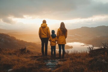 Family in yellow jackets enjoying a scenic view at sunset by the lake in the hills