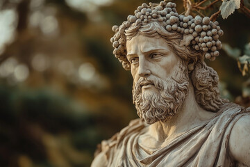 Fototapeta premium Dionysus (Bacchus, Bacchus) is the god of vegetation, fertility, moisture, patron of viticulture and winemaking. Marble statue. Ancient Greek and Roman mythology.