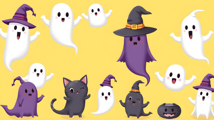 Naklejka premium 3d illustrated cute halloween ghosts set isolated on yellow background. Including, ghosts with and without witch hats and kitty ghosts with and without witch hats. Generative AI