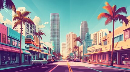 Naklejka premium Street in Miami with buildings, hotels, road and palm trees. Vector cartoon tropical landscape with buildings in resort city. Summer cityscape with vintage motel, restaurant and modern skyscrapers