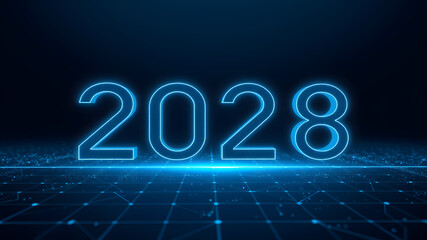 A futuristic image showcasing the year 2028 in glowing blue neon digits, set against a grid-like backdrop resembling a digital landscape