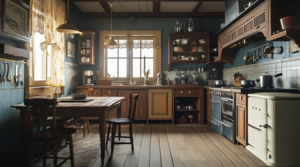 Kitchen interior in rustic house with wooden furniture and cooking appliances. Vector cartoon empty cuisine in western country style with fridge, microwave, stove and vintage dining table