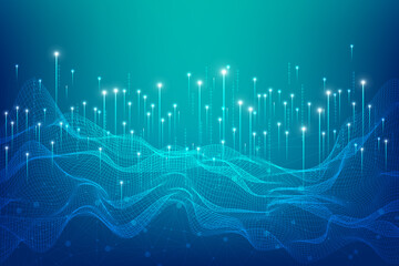 Flowing digital waves with vertical glowing points, representing data flow, technological growth, and global connectivity. Concept of business, innovations, advanced technologies, digital art