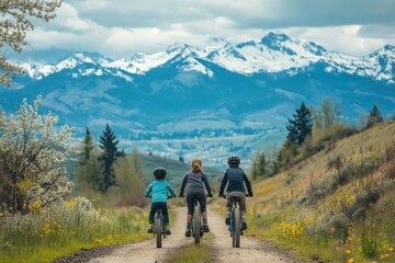 Naklejka premium Family enjoys cycling along a mountain trail surrounded by snow-capped peaks