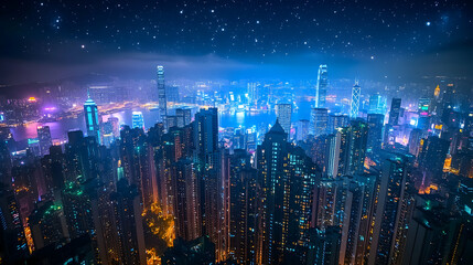 Obraz premium Stunning Night Cityscape With Illuminated Skyscrapers And A Starry Sky, Modern Metropolis At Night. Generative AI