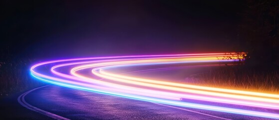 Abstract Neon Light Trails on Night Road  Speed  Motion Blur  Colorful Background