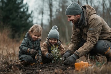Planting trees together in a natural setting with children learning about nature