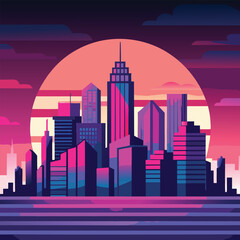 City silhouette in pink and blue colors. Vector illustration of a city landscape, metropolis of beautiful tall buildings, skyscrapers, offices and real estate against the backdrop of beautiful sunset