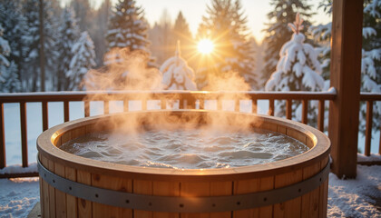 Steamy wooden hot tub on snowy cabin deck at sunrise, winter relaxation