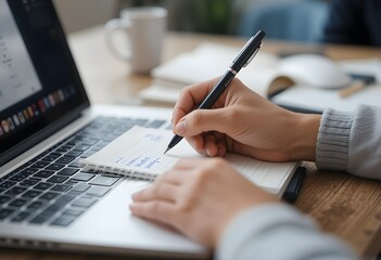 Close up of woman hand with a pen writing on notebook with laptop computer on office table. Business woman planning, making a note reminder concept
