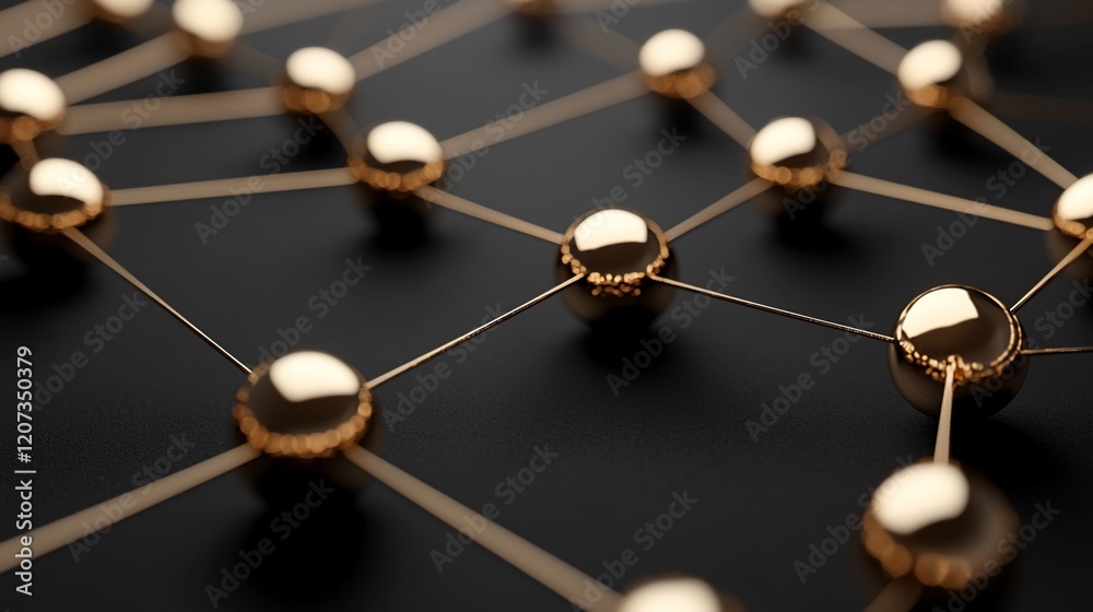 Poster abstract network of golden spheres connected by lines on black background.