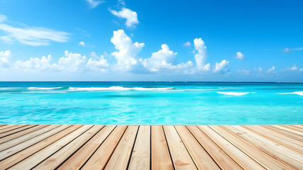 Fototapeta premium A serene beach scene with a wooden pier extending into the crystal-clear turquoise water. The sky is a brilliant blue dotted with fluffy white clouds.
