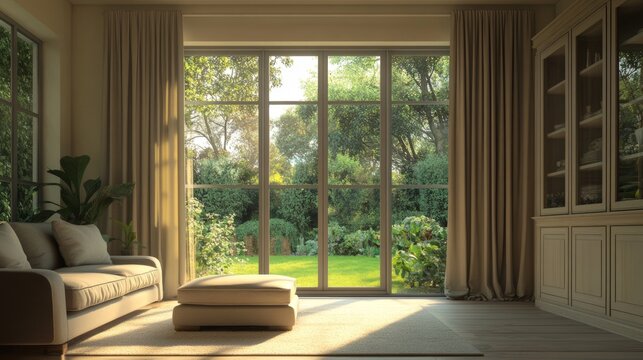 Fototapeta House living room with panoramic window with view of backyard outside. Vector cartoon illustration of empty interior with sofa, pouf, cabinet and big window with summer landscape view