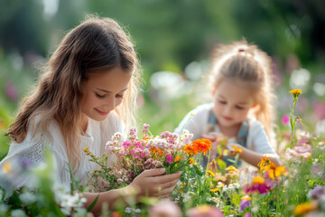 Obraz premium Children collect and press colorful wildflowers in a sunny outdoor field during summer