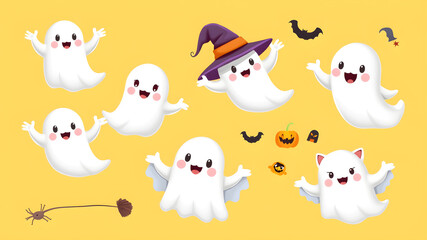 3d illustrated cute halloween ghosts set isolated on yellow background. Including, ghosts with and without witch hats and kitty ghosts with and without witch hats. Generative AI