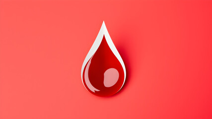 A large, red blood drop is cut out of paper, placed on a red background, symbolizing the importance of blood donation.