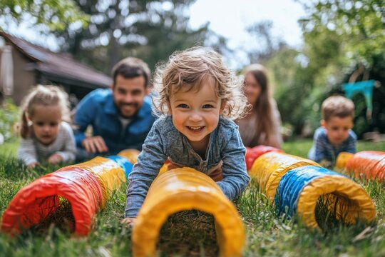 Children enjoy backyard obstacle course with colorful tunnels on a sunny day