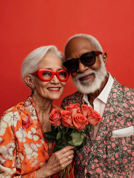 Fashionable smiling, elderly couple holding a bouquet of red roses against the red background. Valentine's Day romantic background