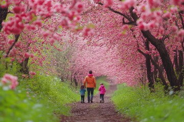 Obraz premium Family enjoys a nature hike through a blooming cherry blossom trail on a bright day