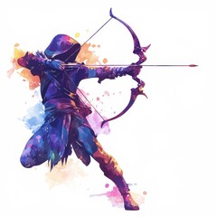 Powerful Archer in Dynamic Pose Watercolor Style Fantasy Art Illustration