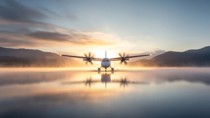 Tranquil Sunrise Reflection of an Airplane on a Serene Lake Surrounded by Majestic Mountains and a Colorful Sky at Dawn, Capturing Nature's Beauty and Aviation