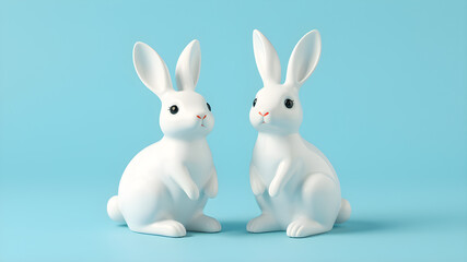 3d illustration of two cute white ceramic rabbit decorations. Animal characters isolated on blue background. Generative AI