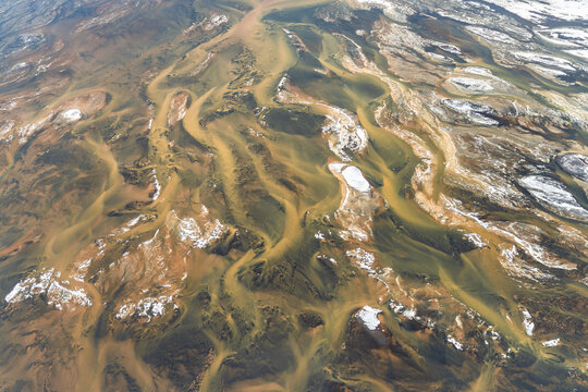 Aerial view of intricate Icelandic river patterns