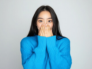 Young Woman in Blue Sweater Covering Mouth in Surprise