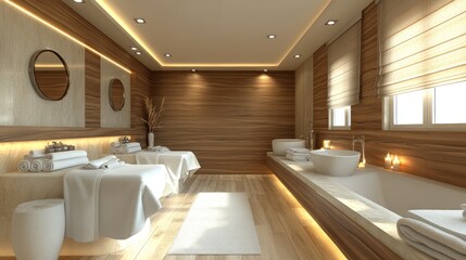 Luxurious spa room with massage tables and bathtub.