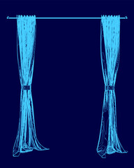 Blue curtains with a stripe on them. The curtains are hanging open. The blue color of the curtains is very bright and vivid