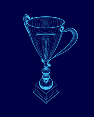 Blue cup with a handle and a stem. The cup is on a pedestal