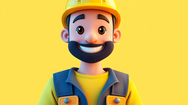 3D illustration of smiling happy constructer. Cartoon close up portrait of standing man on yellow background. 3D Avatar for ui ux. Generative AI