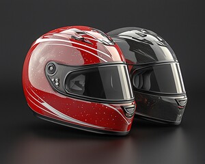 Fototapeta premium Two motorcycle helmets, red and black, on dark background.