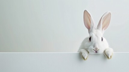 Obraz premium White rabbit peeking out from behind a white wall with copy space. Easter concept.