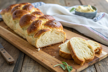 A braided challah bread on a wooden cutting board