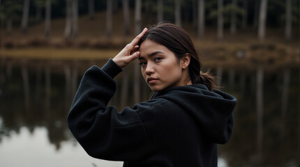 Fototapeta premium Woman in black hoodie looking back over a lake. Serene autumnal scene. Peaceful nature photography.