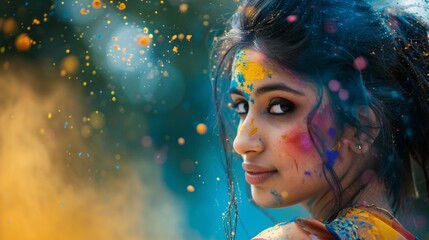 Holi celebrations in India. Beautiful Indian young woman in Holi colors.