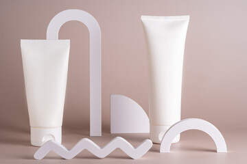 Minimalist cosmetic skincare product display with geometric shapes