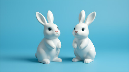 3d illustration of two cute white ceramic rabbit decorations. Animal characters isolated on blue background. Generative AI