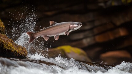 Fototapeta premium Salmon leaping over rocks in a river, splashing water.