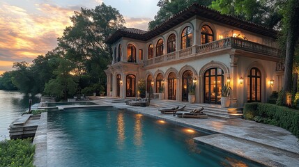 Fototapeta premium Luxurious home with outdoor pool and scenic garden view