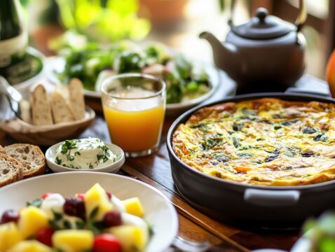 A relaxing brunch scene with vegetarian dishes, featuring frittatas, fruit salads