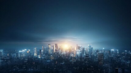 Fototapeta premium Majestic Sunrise Over a Vibrant Urban Skyline with Glimmering Lights and Dramatic Clouds in a Cityscape at Dusk